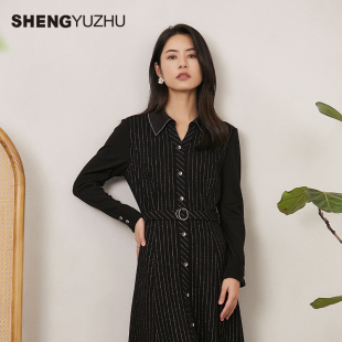 显瘦A字裙女 条纹连衣裙翻领修身 声雨竹官方旗舰店2025年冬季 新款