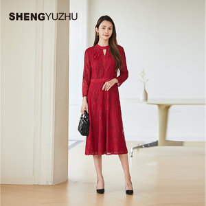 声雨竹官方旗舰店秋季新款连衣裙女商场同款立领长款A字裙气质