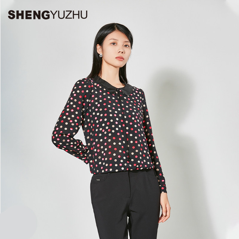 声雨竹官方旗舰店2026春季新款波点长袖T恤修身轻盈上衣休闲女