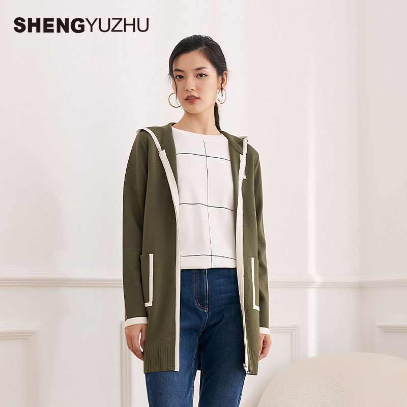 声雨竹羊毛混纺拉链开衫女 中长款帽领长袖纯色针织衫外套微弹