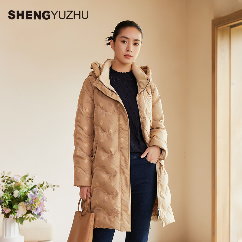 声雨竹羽绒服女冬季新款白鹅绒连帽中长款优雅淑女加绒保暖外套