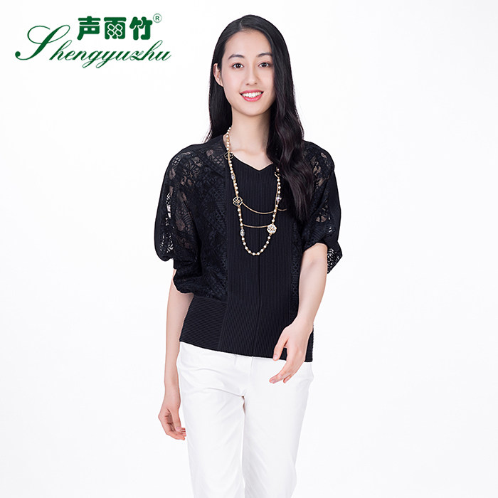 声雨竹女装专柜春夏款   气质镂空七分袖拼接v领附背心打底针织衫