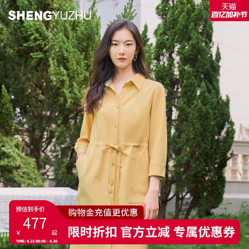 声雨竹官方旗舰店2026年新款长袖衬衫连衣裙女调节收腰显瘦高级感