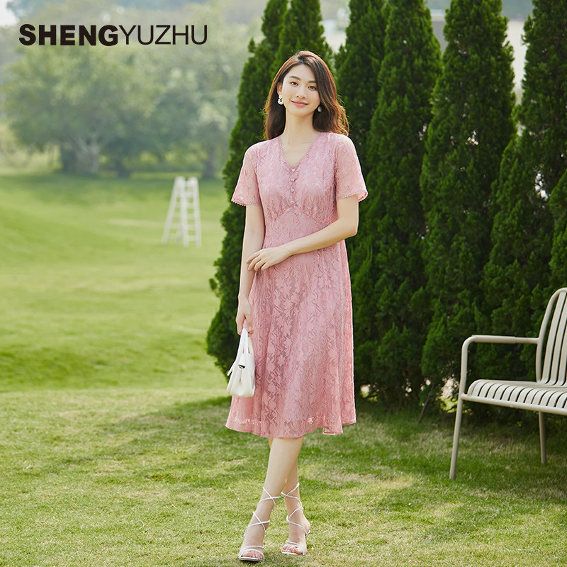 声雨竹官方旗舰店2026优雅风蕾丝连衣裙中高腰A字显瘦短袖礼服裙