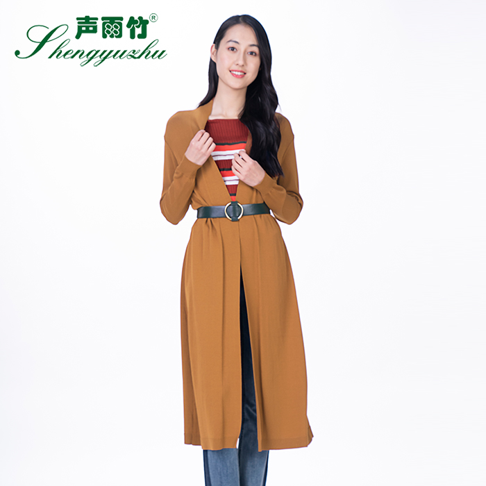 声雨竹半开领时尚中长款针织外套