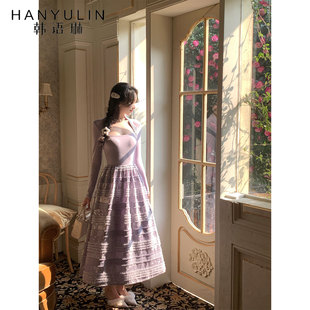 长裙 拼接连衣裙女2026落日氛围感温柔约会修身 韩语琳 香芋紫法式
