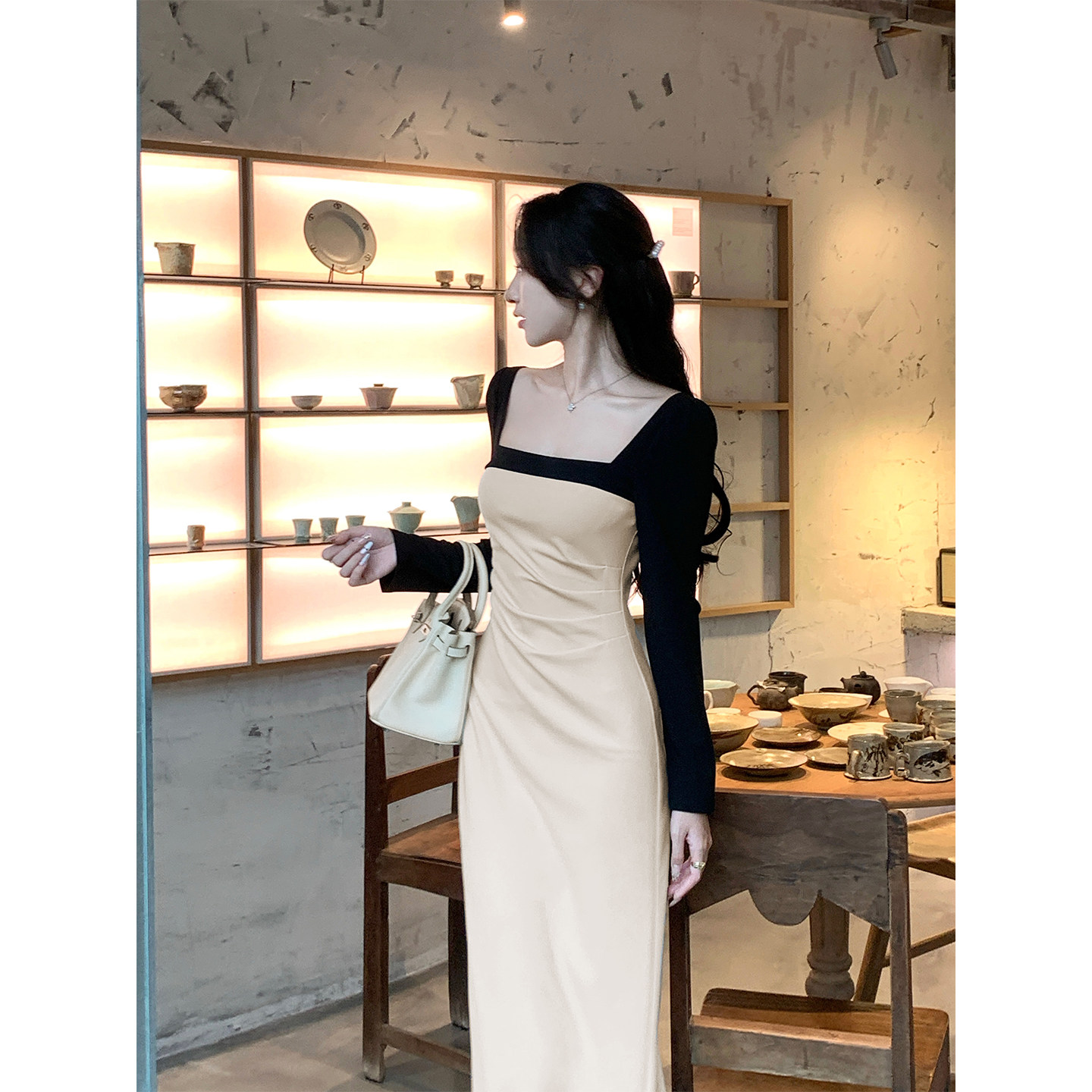 韩语琳/法式冬冬季拼接方领针织连衣裙女长袖气质修身收腰礼服裙