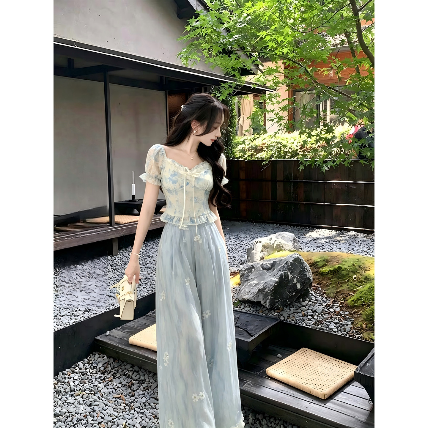 韩语琳 独特绝美印花套装女夏季2026新款短袖t恤上衣阔腿裤两件套