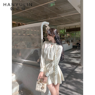 半身裙两件套女2025富家千金穿搭冬 衬衫 韩语琳 缎面波点飘带长袖