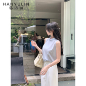 韩语琳 浅蓝色韩系荡领无袖 背心女气质小众高级感薄上衣