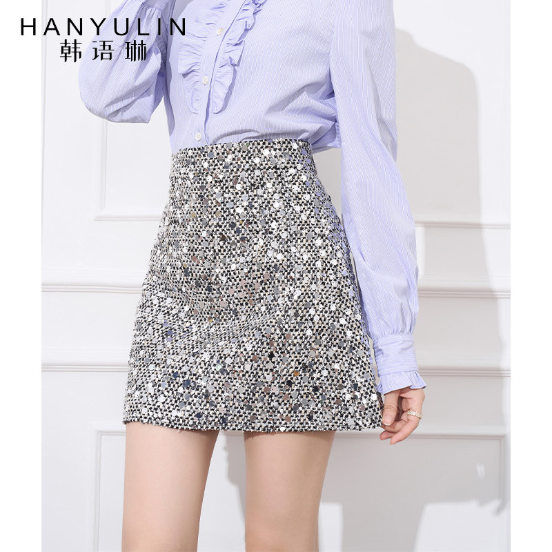 韩语琳 小香风亮片半高腰a字半身裙女2025气质短款小个子a字短裙,女装/女士精品,半身裙,淘宝优惠券,粉丝福利购,淘宝优惠卷