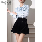 黑色丝绒a字短裤 短款 女春季 韩语琳 外穿2025新款 高腰阔腿裤 裤 子