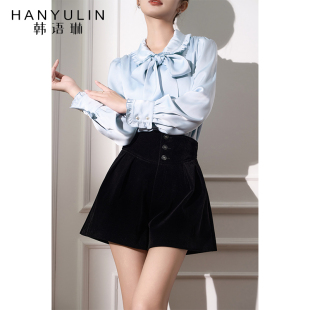 外穿2025新款 女秋季 高腰阔腿裤 短款 子 韩语琳 裤 黑色丝绒a字短裤