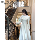 韩语琳 气质名媛收腰大摆长裙 杏色连衣裙女2026新款 法式 优雅长袖