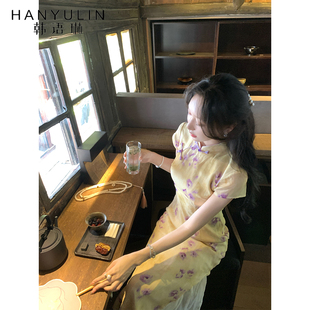 黄色印花气质复古显瘦长裙 改良国风旗袍女2026春季 韩语琳 新中式