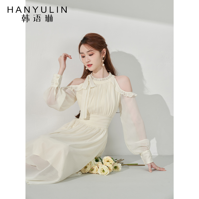 韩语琳法式长袖露肩连衣裙