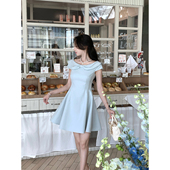 法式 韩语琳 浅蓝色蝴蝶结连衣裙女2025新款 设计感A字气质收腰短裙