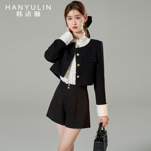 新款 女2026春季 穿搭一整套 小香风套装 韩语琳空间黑色短外套短裤