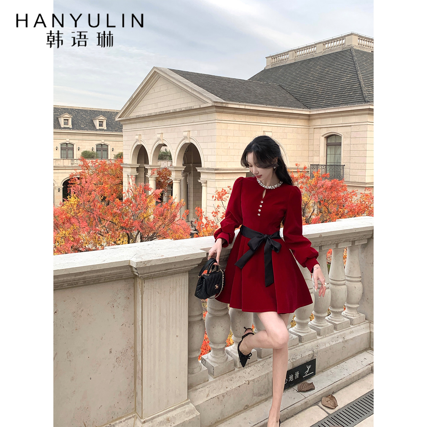 韩语琳 法式红色丝绒连衣裙女春季圣诞节钉钻礼服裙战袍