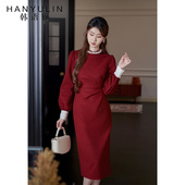法式 气质长袖 连衣裙2025新款 韩语琳 收腰显瘦设计感红色修身 裙女