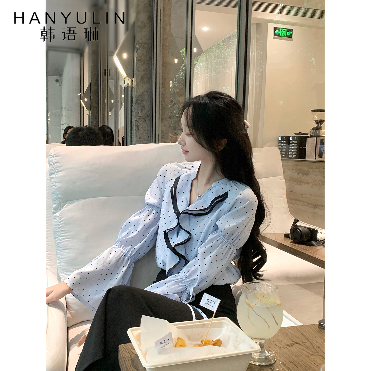 韩语琳蓝色波点衬衫女