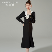 黑色V领长袖 连衣裙女2025春季 新款 韩语琳空间法式 修身 显瘦长裙子