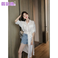 Hàn Quốc Lin 2019 Phụ nữ mùa thu mới Áo dài tay áo chống nắng Áo sơ mi Pop Váy dài trắng - Váy eo cao đầm nhún eo
