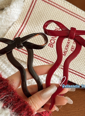 红色蝴蝶结U型发簪女2024年新款高级感丸子头簪子头饰发钗盘发器