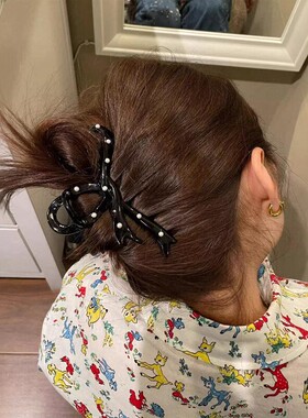 韩国东大门波点珍珠蝴蝶结抓夹女后脑勺盘发鲨鱼夹子气质简约头饰