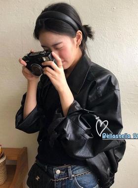 韩国ins风博主同款纯黑色皮质厚发箍高颅顶显脸小头箍百搭发头饰