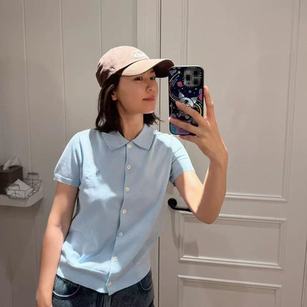 26春夏女士小马刺绣棉质翻领短袖针织开衫