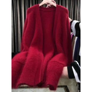 特大码300斤欧货高级喜庆红色毛衣外套女秋冬新亮闪闪中长款上衣