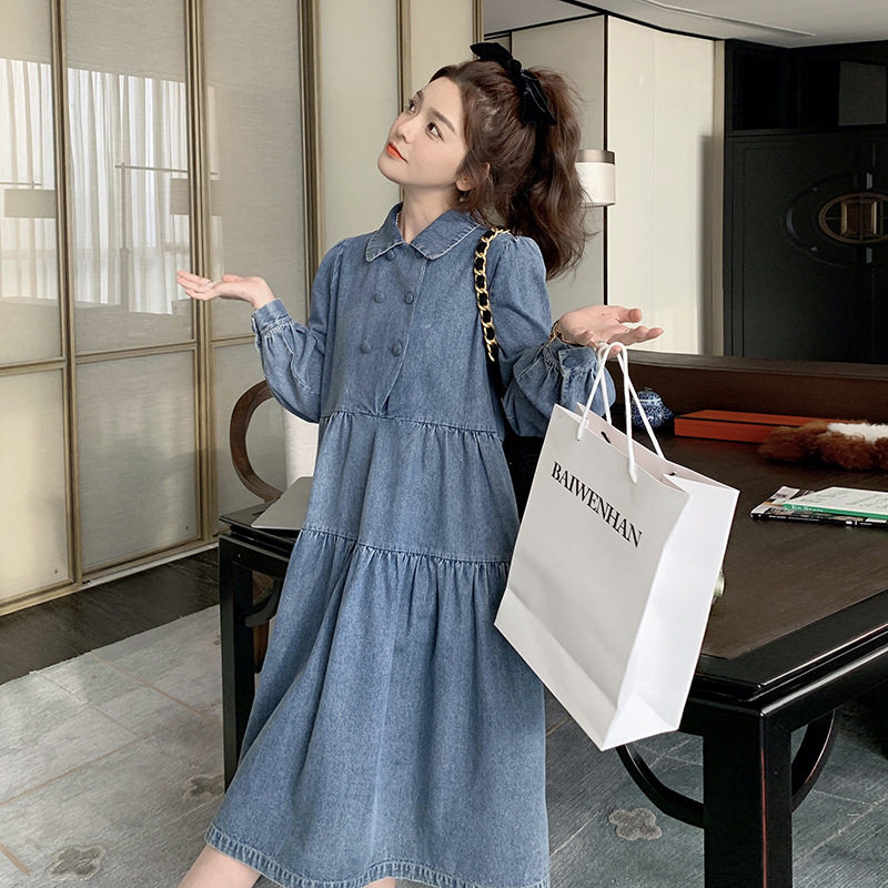 实拍2024牛仔娃娃领连衣裙女春装法式设计感小个子初恋茶歇裙子潮