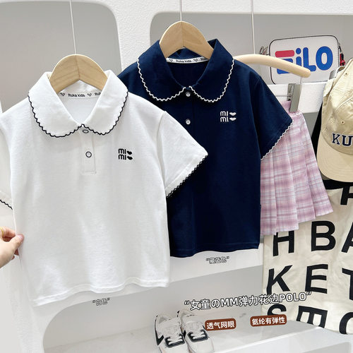 女童短袖t恤2026新款夏季薄款儿童字母上衣针织休闲中小童POLO衫