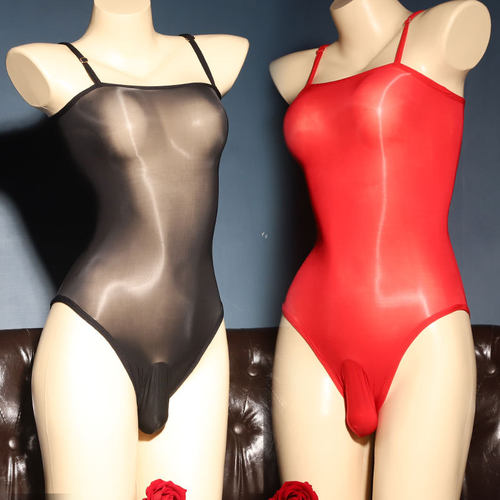 男士油亮全透明无缝抹胸吊带性感丝滑反光带jj套紧身连体泳衣