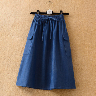2022春夏新款 松紧高腰遮胯牛仔a字中长裙子包臀显瘦口袋半身裙女