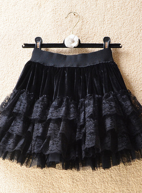 金丝绒蓬蓬半身裙女秋冬高腰显瘦多层蛋糕裙蕾丝边网纱a字短裙子