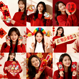 2026春节氛围感拍照道具年会新年年会装饰品布置道具幼儿园手举牌