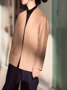 PetalsOnYou驼色白色双面水波纹山羊绒 全手工极简通勤短大衣外套