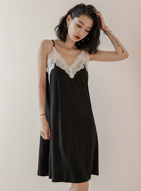 吊带睡裙女带胸垫夏季黑色蕾丝露背性感大码睡衣凉感家居服中长款