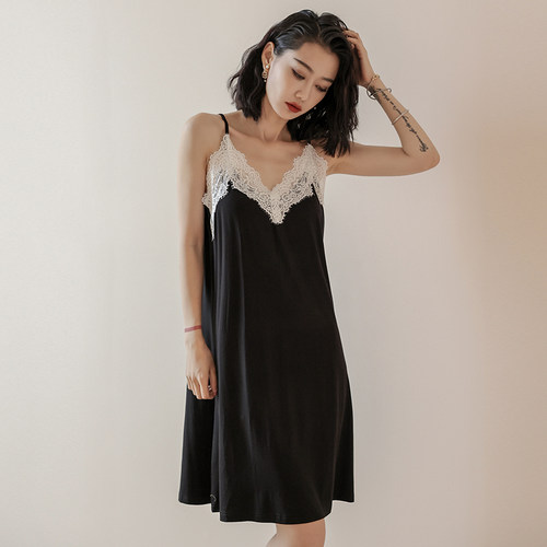 吊带睡裙女带胸垫夏季黑色蕾丝露背性感大码睡衣凉感家居服中长款