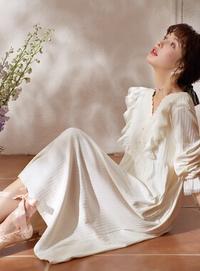 法式宫廷风睡裙女春秋季纯棉长袖甜美可爱公主可外穿带胸垫家居服