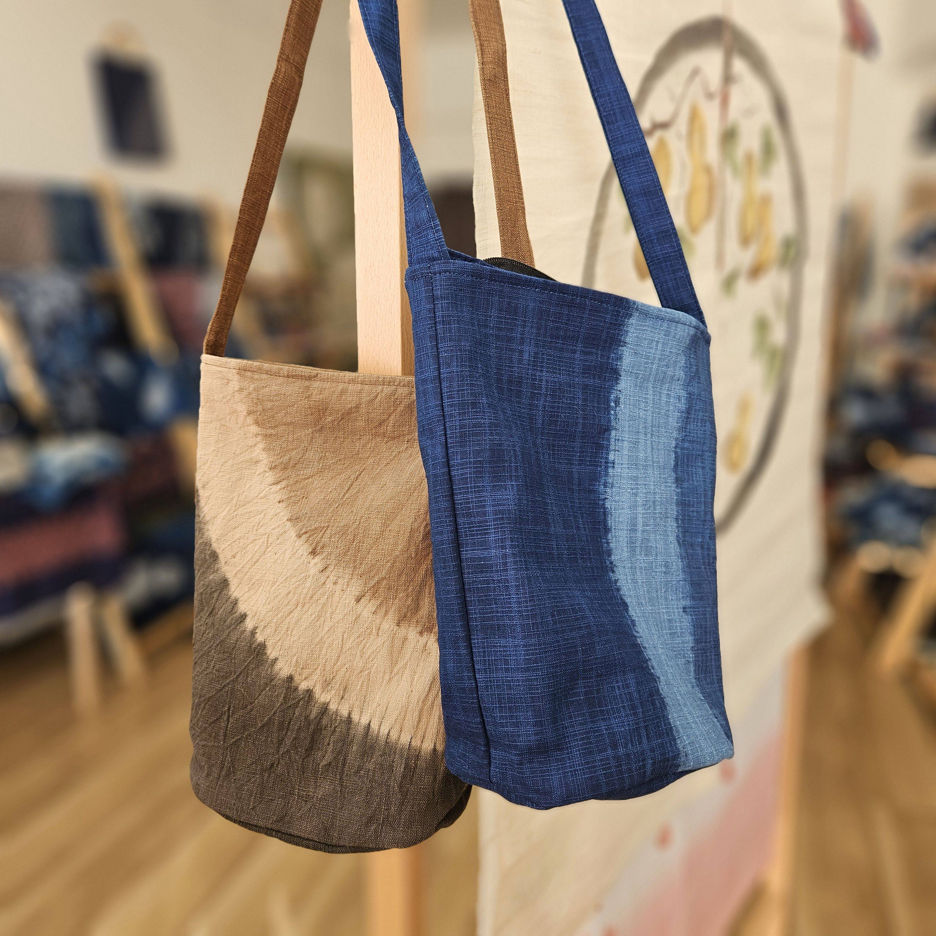 手工扎染天然草木染斜挎包单肩包拉链桶包显瘦休闲包经典三色入