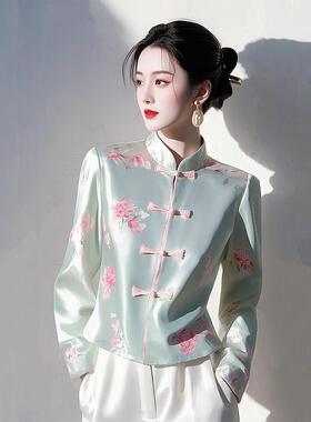 清仓捡漏~买手店专柜外贸女装新中式绿色缎面印花盘扣短款衬衫女