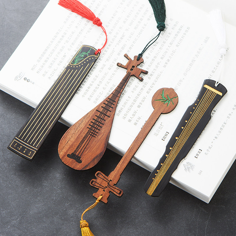 红木质彩绘乐器书签礼盒套装 复古典中国风创意黑檀木制精美文艺送