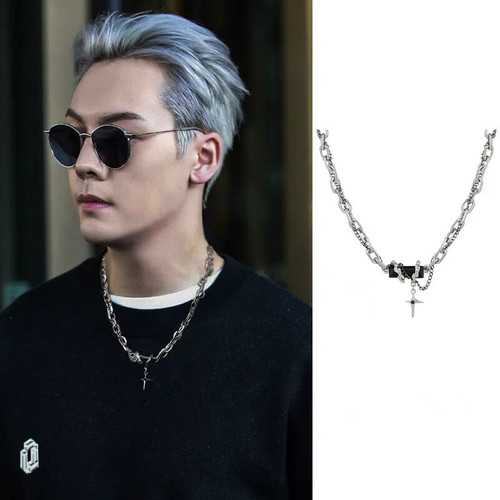 潮钛钢多层缠绕黑宝石十字架项链