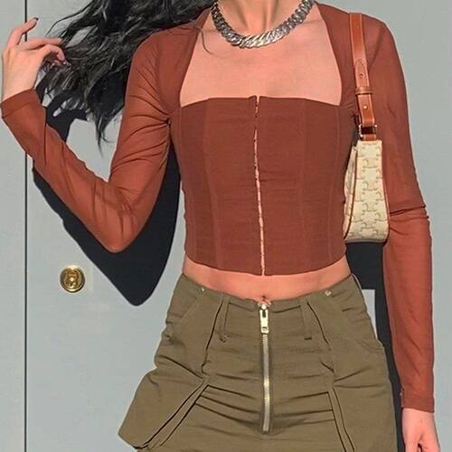 mesh Patchwork slim shirt纯色开衫钩扣腰封网纱拼接长袖上衣