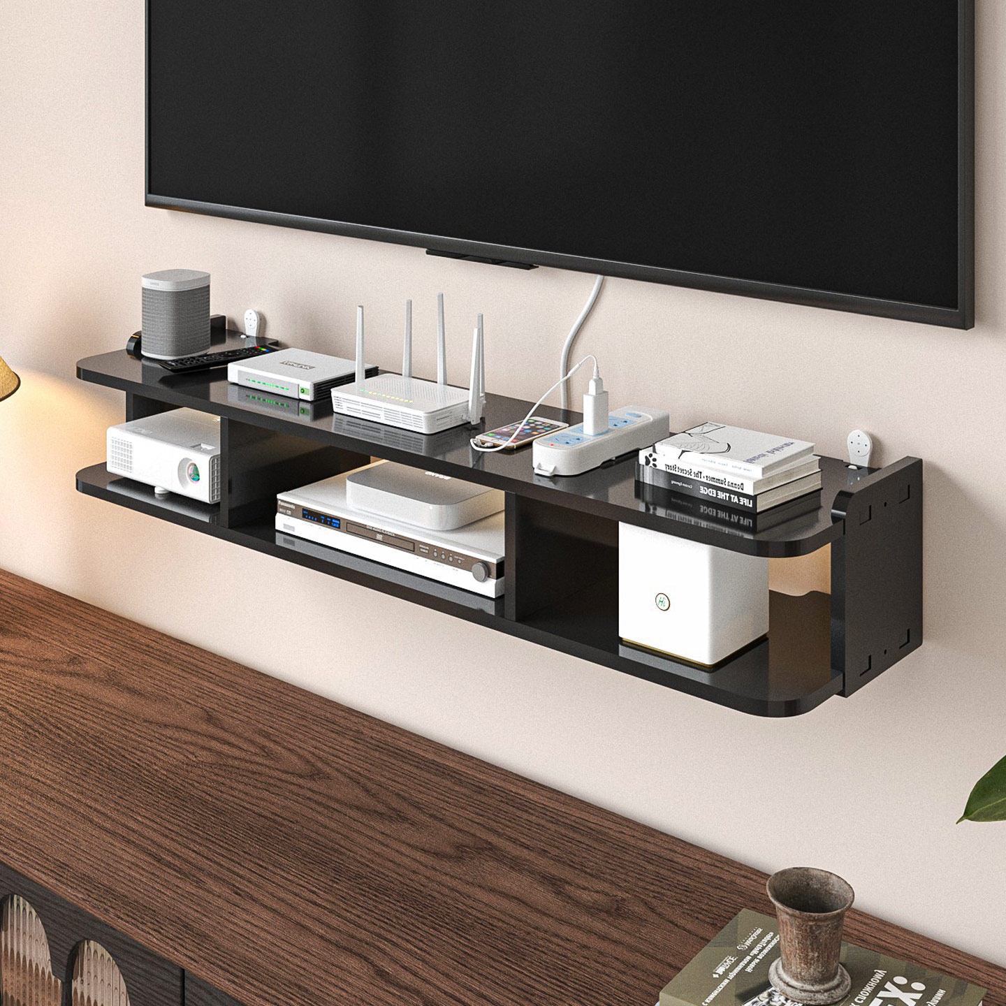 壁挂式实木WiFi路由器收纳盒子墙上电视机顶盒置物架支架放置下面