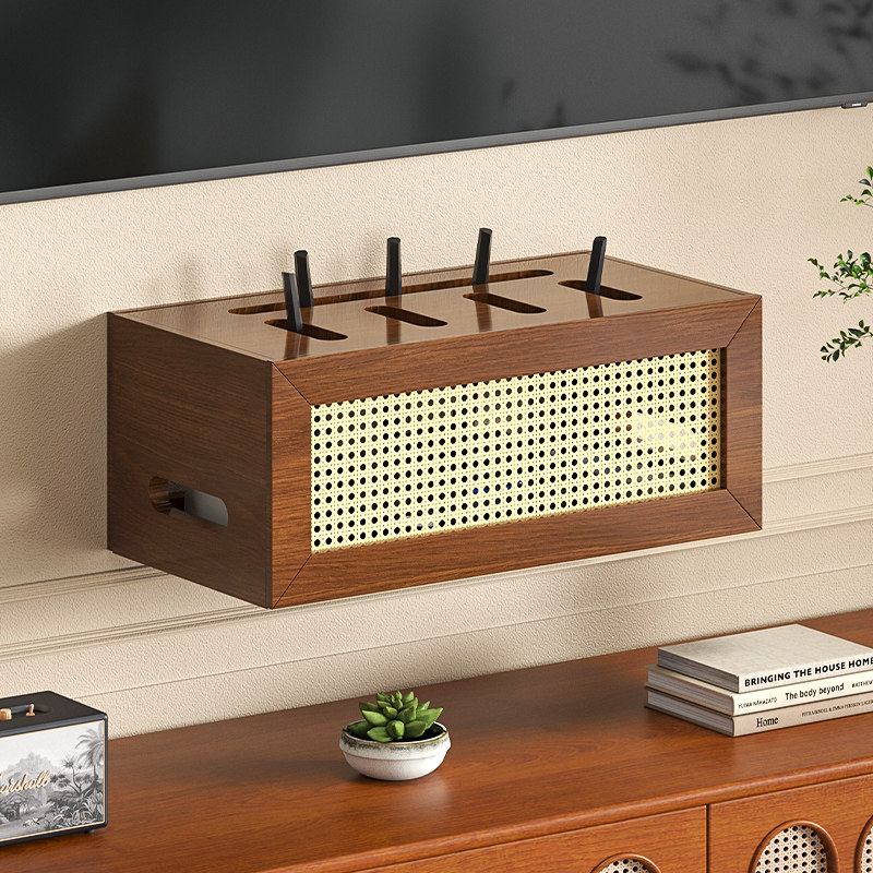 实木wifi路由器收纳盒壁挂式藤编透气防尘桌面置物架家用遮挡插座
