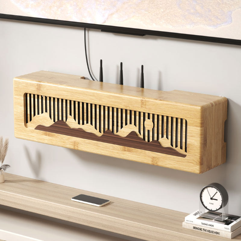 wifi机顶盒路由器盒子收纳盒置物架电视柜遮挡插座壁挂免打孔楠竹